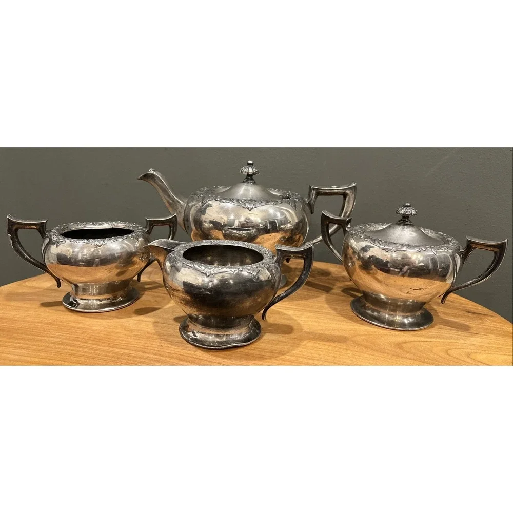 Vintage Forbes Silver Co 244 Tea Set 4 Piece Teapot, Sugar Bowls, Creamer